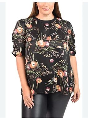 DR2 Black Floral Puff-Sleeve Blouse by Daniel Rainnin plus size